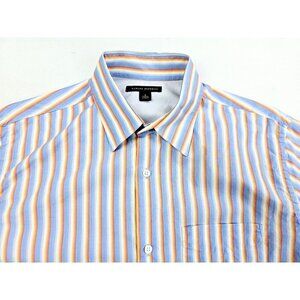 Banana Republic Size Small Men Blue White Orange Stripe Long Sleeve Pocket Shirt